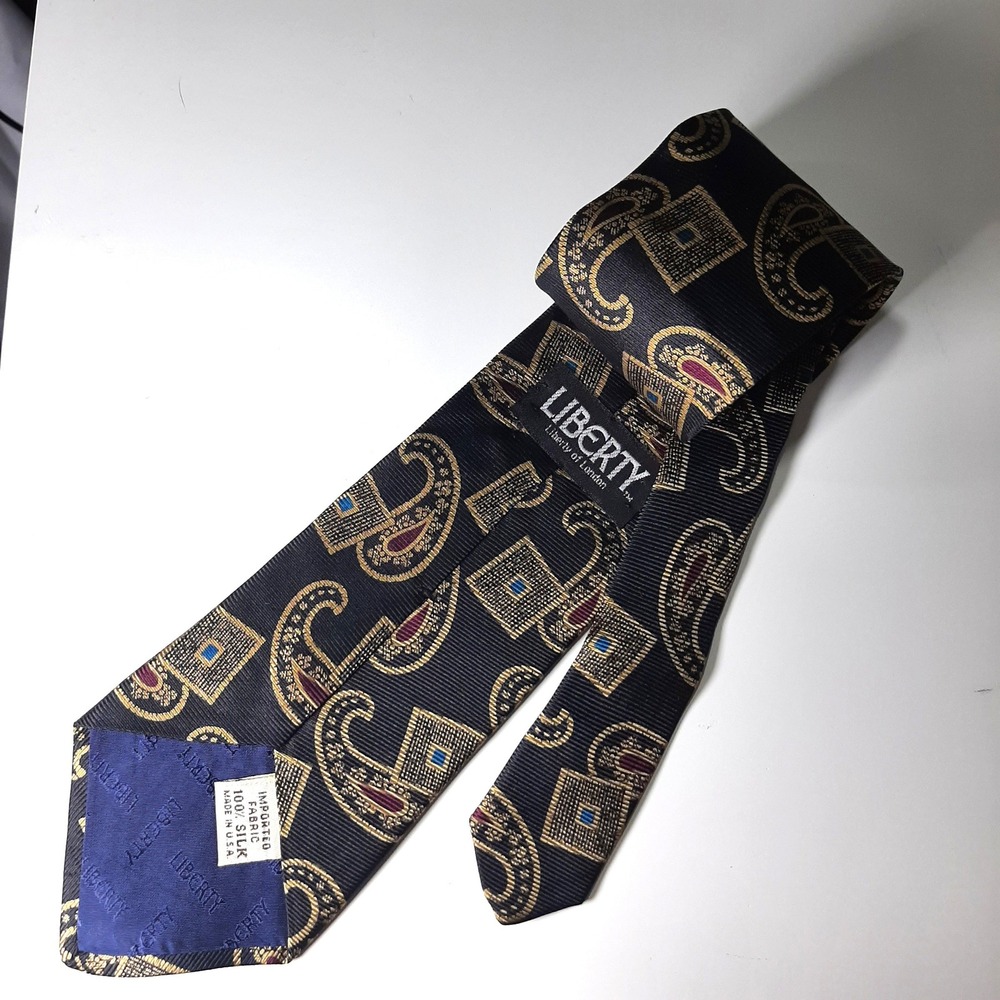 Liberty of London Mens Silk Tie Navy Blue Gold Paisley Geometric Made in USA - Picture 5 of 7